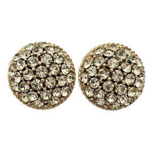 Trifari Crown Over T Gold Tone Jonquil Pave Rhinestone Round Clip On Earrings